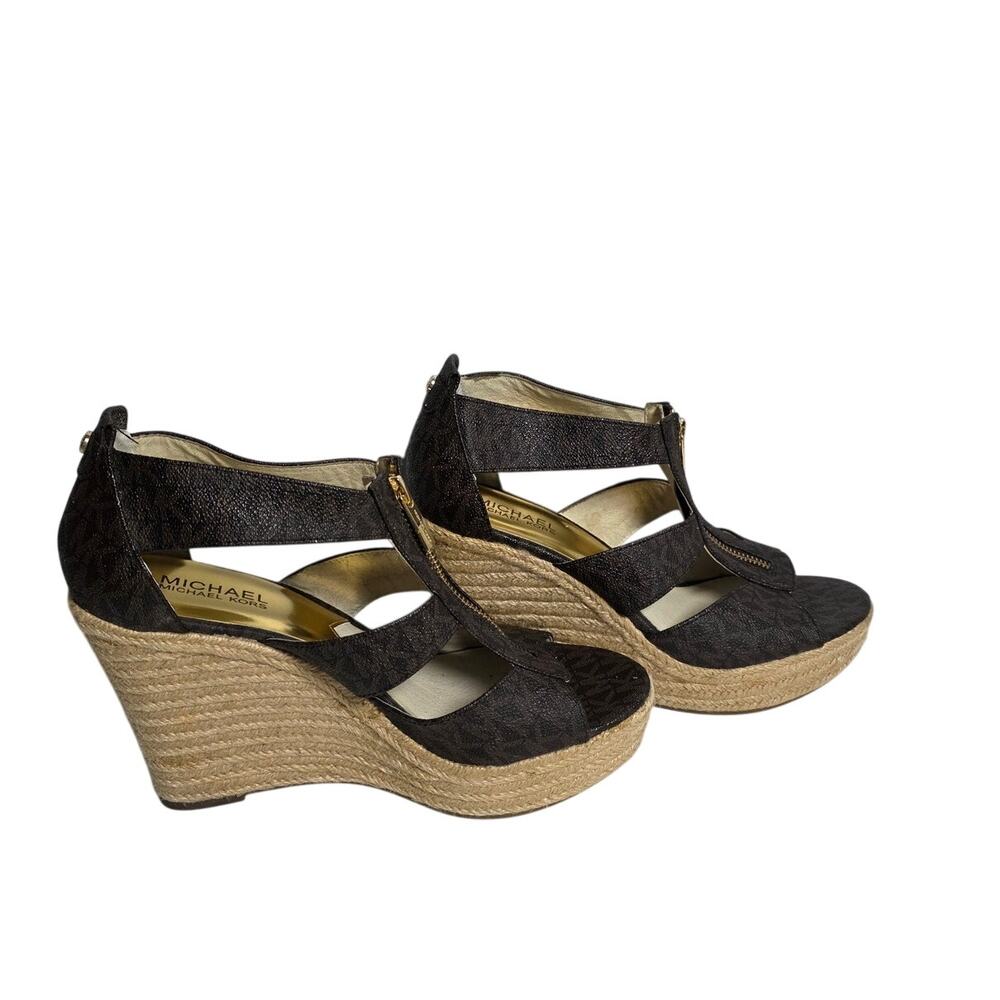 Michael Kors Brown Wedge Heels Womens 8.5 Logo Gold Zip Classy Sandals Woven